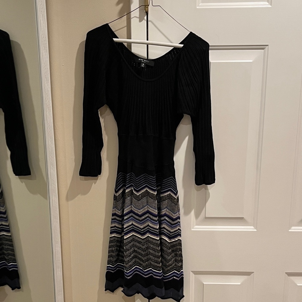 Nine West Black/gray/gold/purple Patterned Long Sleeve Dress